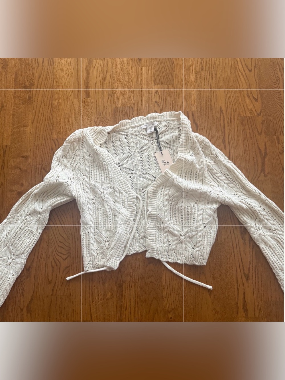 Sincerely Jules White Cropped Openwork Knit Tie-Front Cardigan